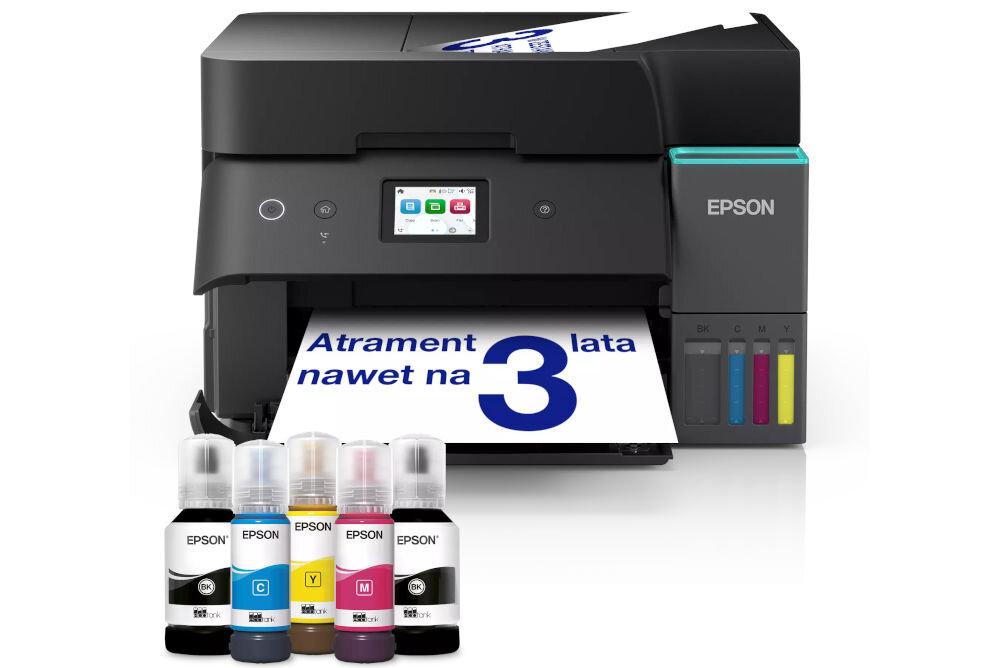 Drukarka EPSON EcoTank L6390 Druk w kolorze, Automatyczny druk dwustronny, Wi-Fi prezentacja urządzenia od przodu na białym tle przed butelki z atramentem wychodzące kartki bezprzewodowe połączenie Wi-Fi wygoda pracy bez kabli