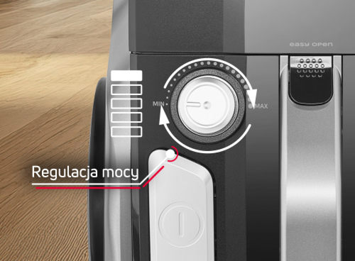 Obraz przedstawia panel odkurzacza z pokrętłem do regulacji mocy oznaczonym jako \'Regulacja mocy\'. Widoczny jest również wskaźnik z poziomami od MIN do MAX oraz napis \'easy open\'.
