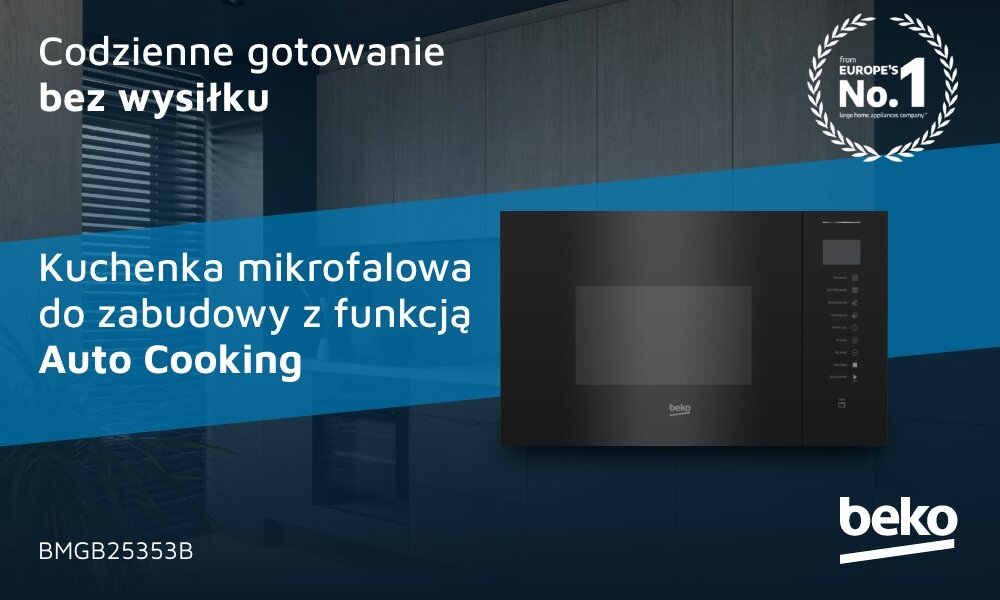 KUCHNIA MIKROFALOWA BEKO BMGB25353B Grafika przedstawia kuchenkę mikrofalową Beko z funkcją grill i napisem „Codzienne gotowanie bez wysiłku”. Widoczny model BMGB25353B  oraz oznaczenie „No.1 w Europie”