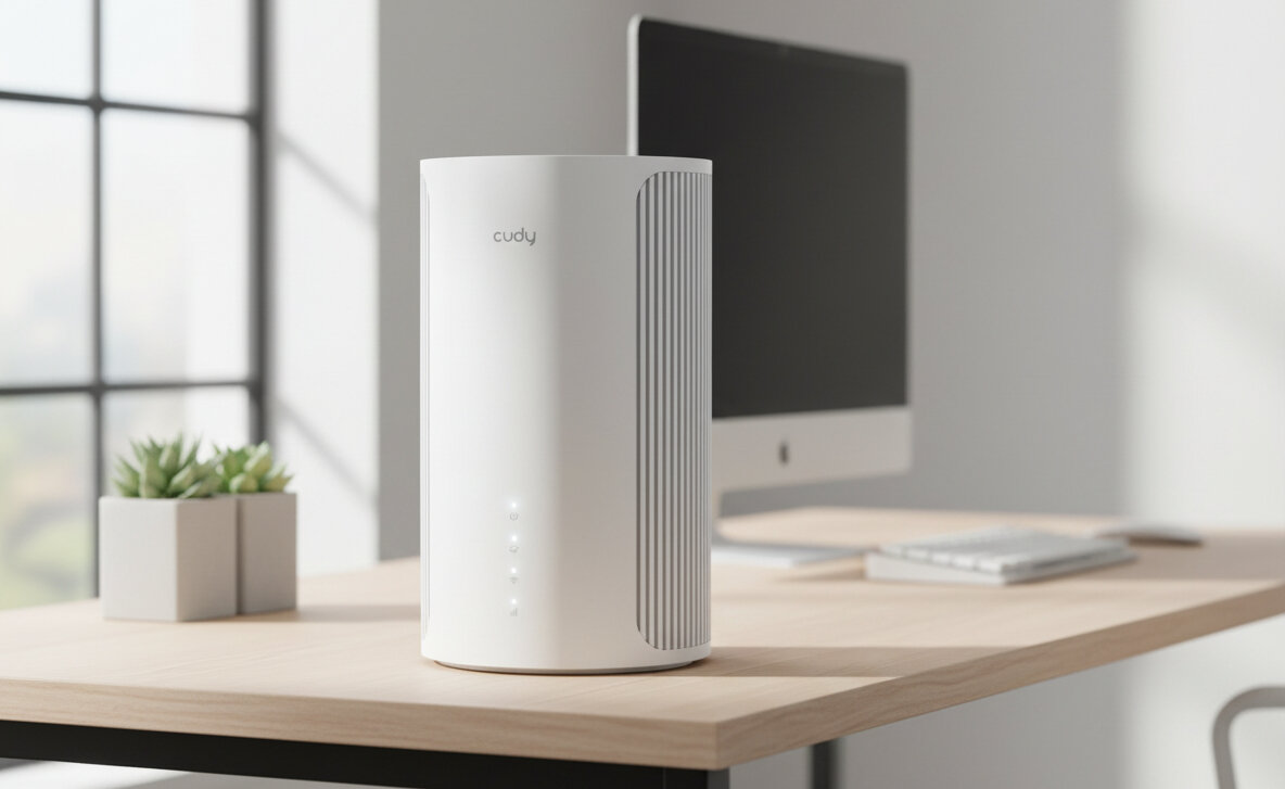 Router Cudy z Wi‑Fi stoi na drewnianym stoliku w salonie, rozszerzając zasięg sieci bezprzewodowej w domu.