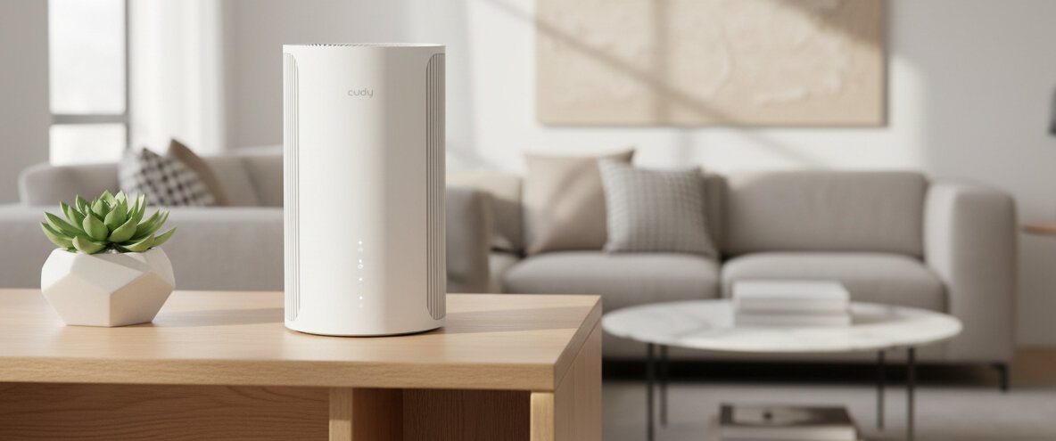 Router Cudy z Wi‑Fi stoi na drewnianym stoliku w salonie, rozszerzając zasięg sieci bezprzewodowej w domu