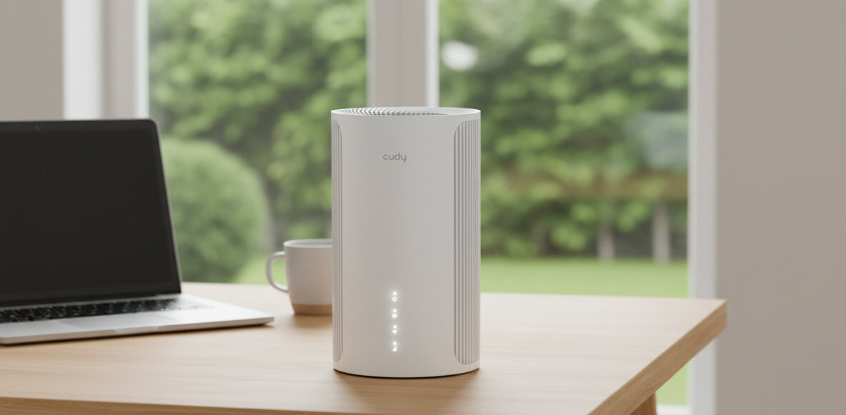 Router Cudy z Wi‑Fi stoi obok laptopa przy oknie, zapewniając stabilne połączenie internetowe podczas pracy zdalnej  