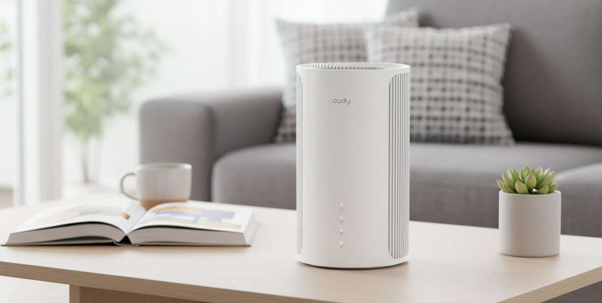 Router Cudy z Wi‑Fi stoi na stoliku w salonie obok książki i filiżanki, zapewniając bezprzewodową łączność w domu 
