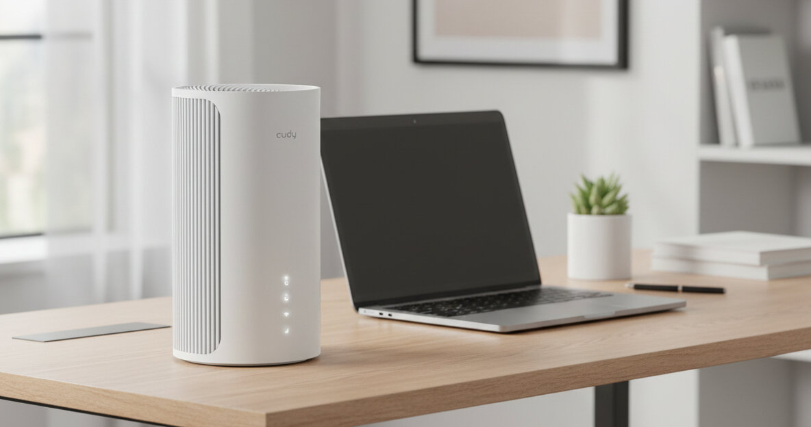 Router Cudy z Wi‑Fi stoi obok laptopa na biurku podczas pracy zdalnej i korzystania z internetu w domowym biurze.