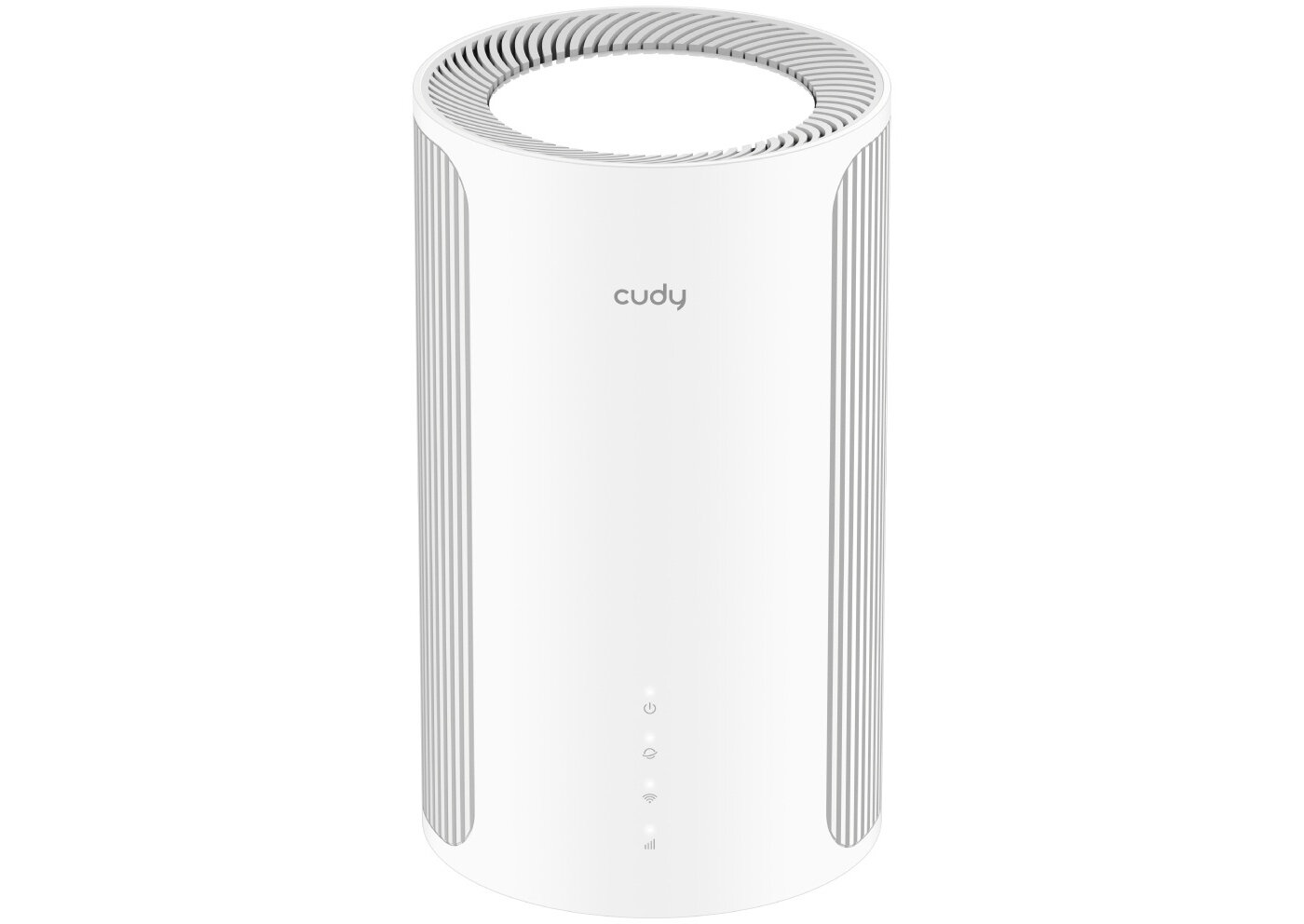 Router Cudy z Wi‑Fi prezentuje pionową obudowę z diodami statusu na jasnym tle produktowym 