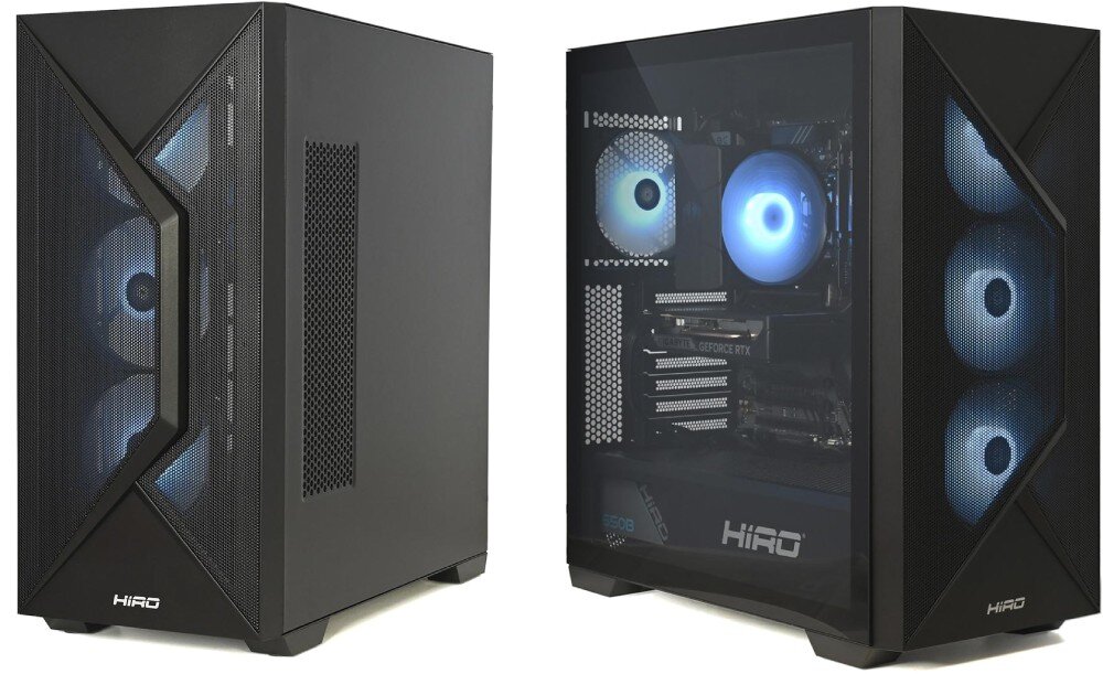Komputer NTT HIRO Hellcat ZKG-I5RTX5050-TE01 Dwie obudowy komputerowe obok siebie pod kątem, jedna z pełnym frontem ze siatki mesh, druga z przeszklonym bokiem ukazującym podświetlone podzespoły