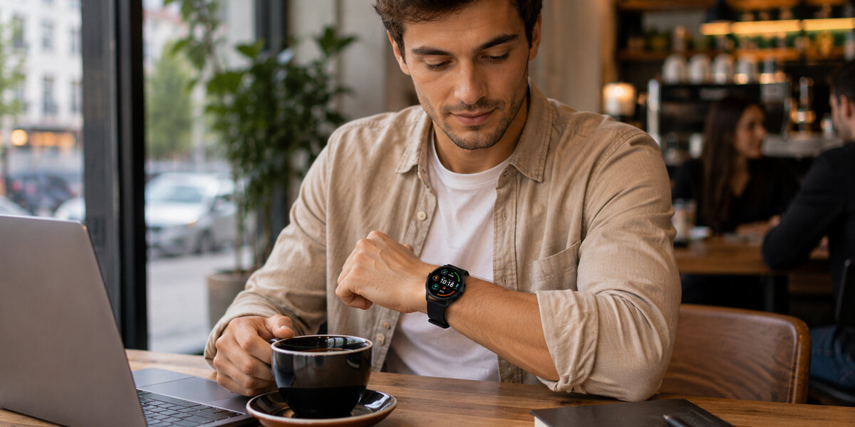 Mężczyzna w kawiarni sprawdza smartwatch Denver SWC-387B przy laptopie i filiżance kawy