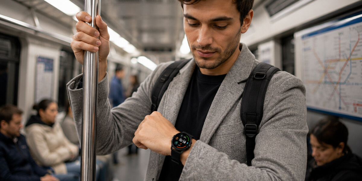 Mężczyzna w metrze sprawdza smartwatch Denver SWC-387B na nadgarstku podczas podróży