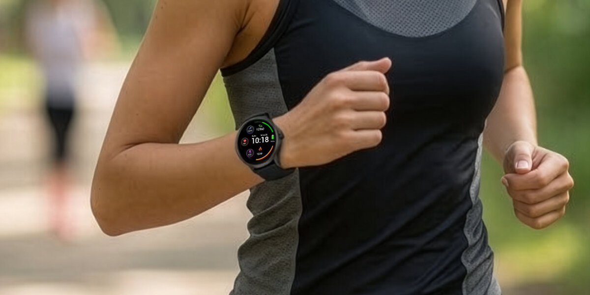 Kobieta biegnie w parku ze smartwatchem Denver SWC-387B na nadgarstku i sportowym strojem