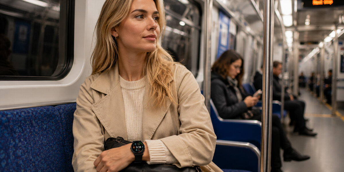 Kobieta siedzi w metrze ze smartwatchem Denver SWC-387B na nadgarstku i torebką na kolanach