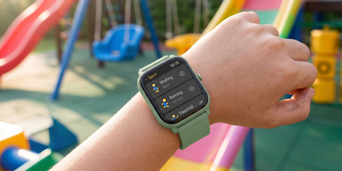 Osoba nosi zielony smartwatch z wyświetlaczem pokazującym tryby sportowe: Walking, Running, Treadmill. W tle widoczny jest plac zabaw z kolorowymi zjeżdżalniami i huśtawkami.