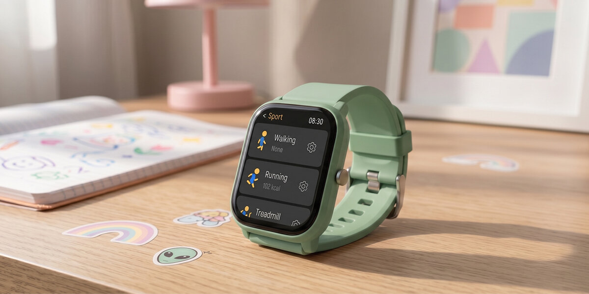 Zielony smartwatch z wyświetlaczem pokazującym aplikacje sportowe: Walking, Running i Treadmill. W tle znajduje się biurko z notatnikiem i kolorowymi naklejkami.