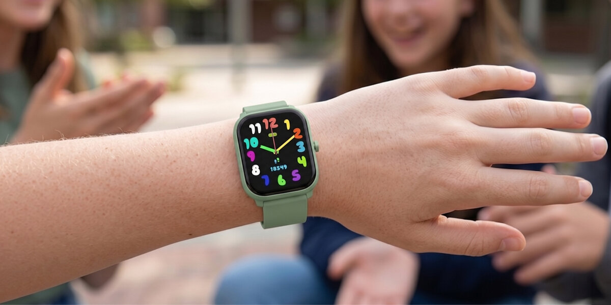 Na zdjęciu widoczny jest zielony smartwatch z kolorowym wyświetlaczem, na którym widać cyfry od 1 do 12 w różnych kolorach. W tle znajdują się osoby, ale ich szczegóły są nieistotne.