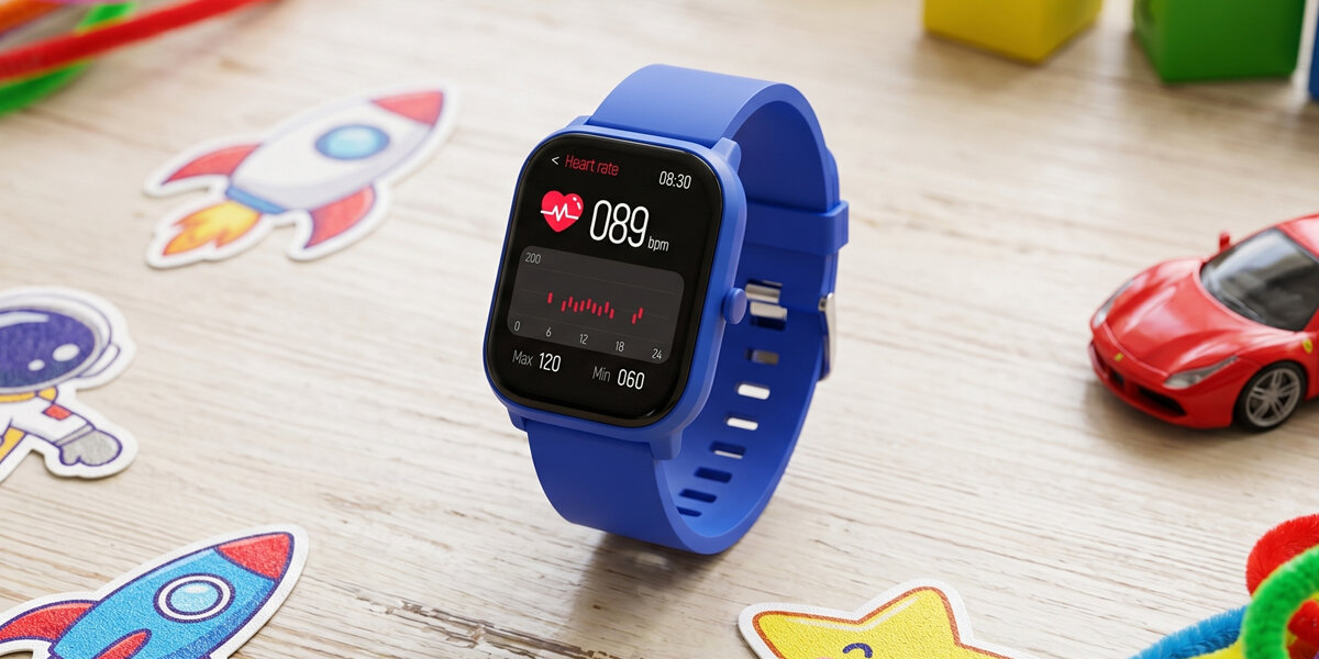 Niebieski smartwatch Denver SWK-120BU z pulsometrem na dziecięcym biurku z zabawkami.