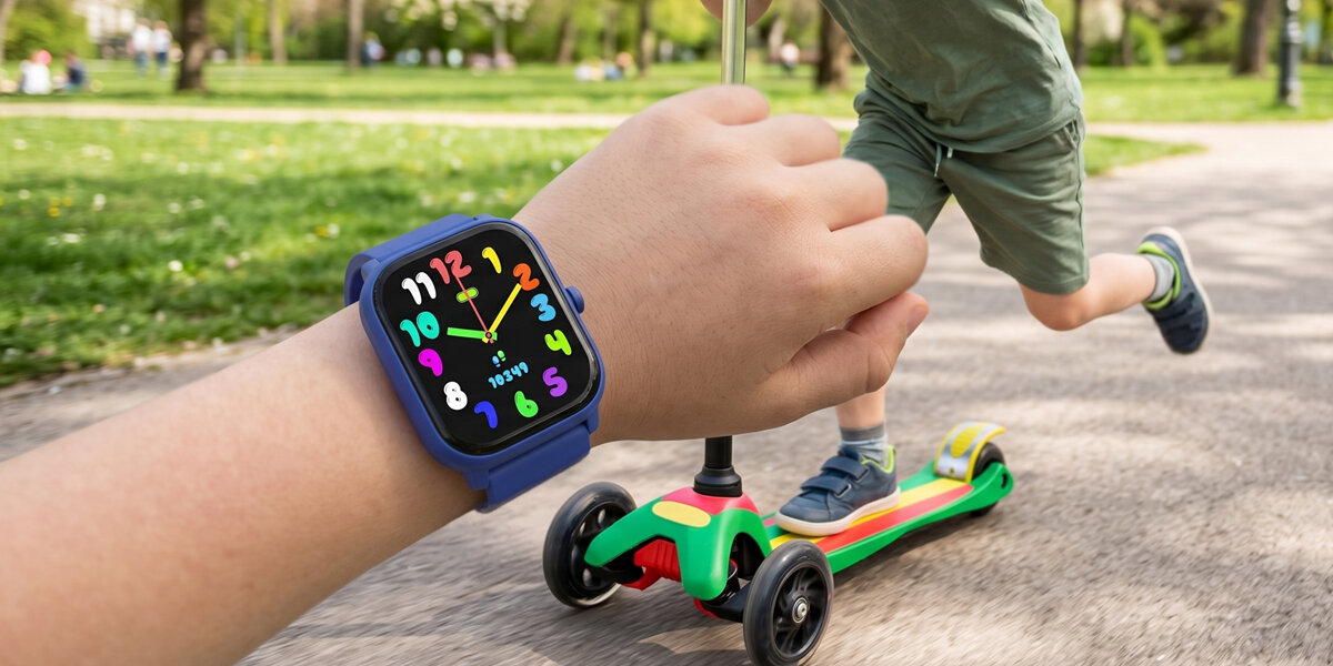Smartwatch Denver SWK-120BU na nadgarstku podczas jazdy hulajnogą w parku.
