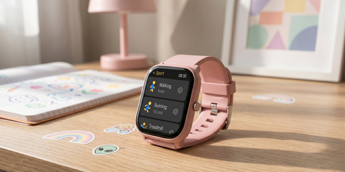 Różowy smartwatch z wyświetlaczem pokazującym aplikacje: Walking, Running i Treadmill, leży na drewnianym biurku. W tle znajduje się różowa lampka i kolorowy rysunek.