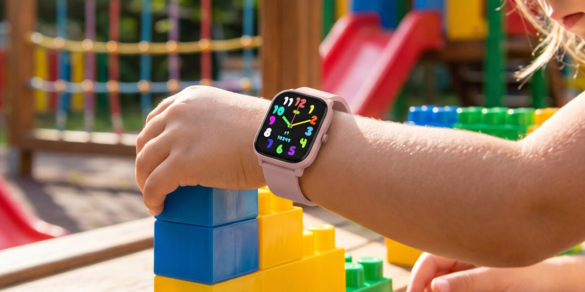 Dziecko bawi się kolorowymi klockami, mając na nadgarstku różowy smartwatch z kolorowym wyświetlaczem. W tle widoczne są elementy placu zabaw.