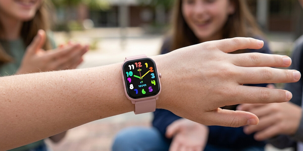 Na zdjęciu widoczny jest różowy smartwatch z kolorowym wyświetlaczem, na którym widać cyfry od 1 do 12 w różnych kolorach. W tle znajdują się osoby, ale ich szczegóły są nieistotne.
