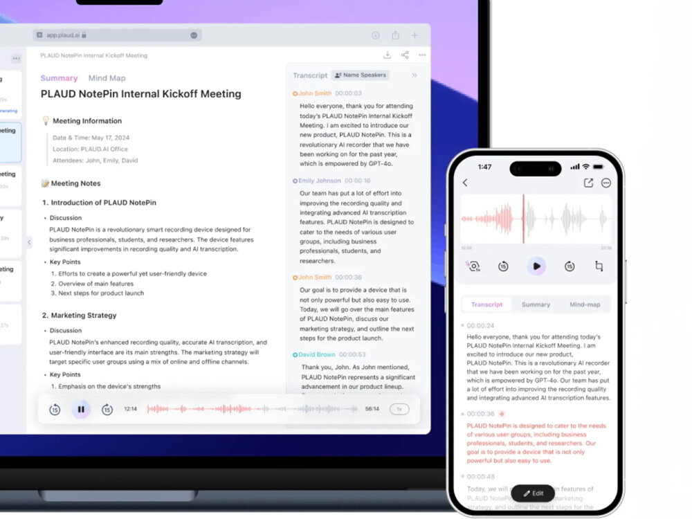 Dyktafon AI PLAUD NotePin pamięć 64GB chmura 112 języków aplikacja iOS Android, smartfon wraz z laptopem z właczoną aplikacją