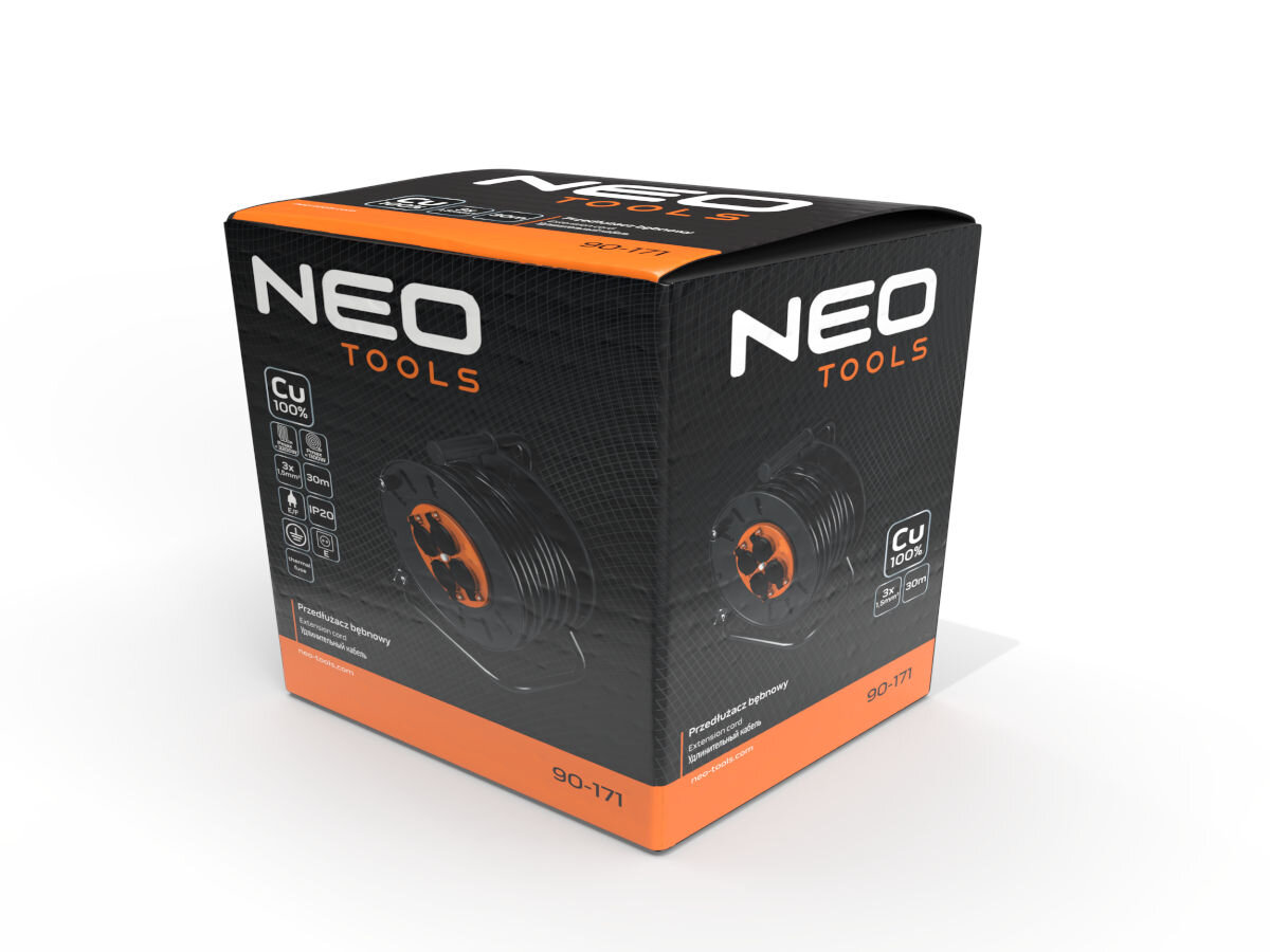 Przedłużacz bębnowy NEO TOOLS 90-171 (30 m), Komfort przenoszenia, Przedstawienie opakowania bębna