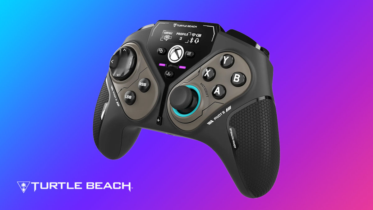 Turtle Beach Stealth Pivot kontroler jest pokazany pod kontem, na kolorowym tle