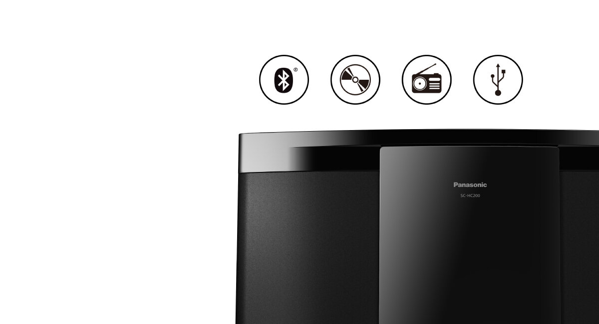 Czarna wieża audio z widocznym logo Panasonic SC-HC200. Nad nią znajdują się ikony symbolizujące Bluetooth, odtwarzacz CD, radio i USB.