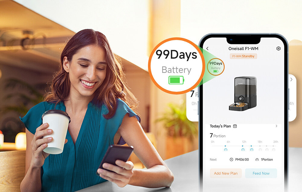 Dozownik karmy automatyczny ONEISALL F1-M Długi czas działania około 100 dni pracy przy sześciu porcjach dziennie Poziom baterii na ekranie urządzenia lub w aplikacji