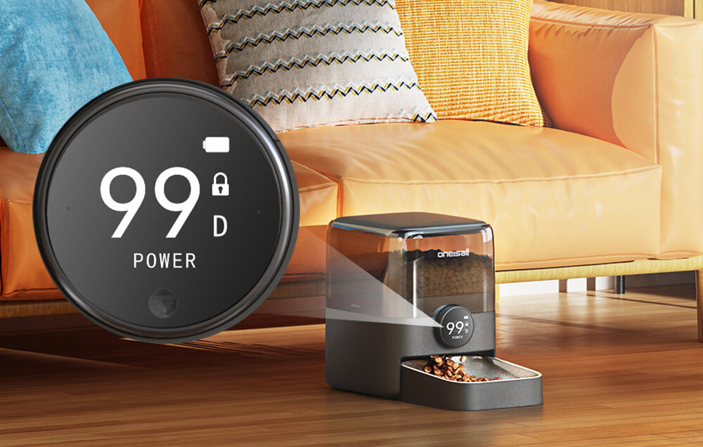 Dozownik karmy automatyczny ONEISALL F1-M Informacje o braku karmy monitoruje ilość karm informuje o konieczności uzupełnienia zapasu  w aplikacji, jak i na wbudowanym ekranie