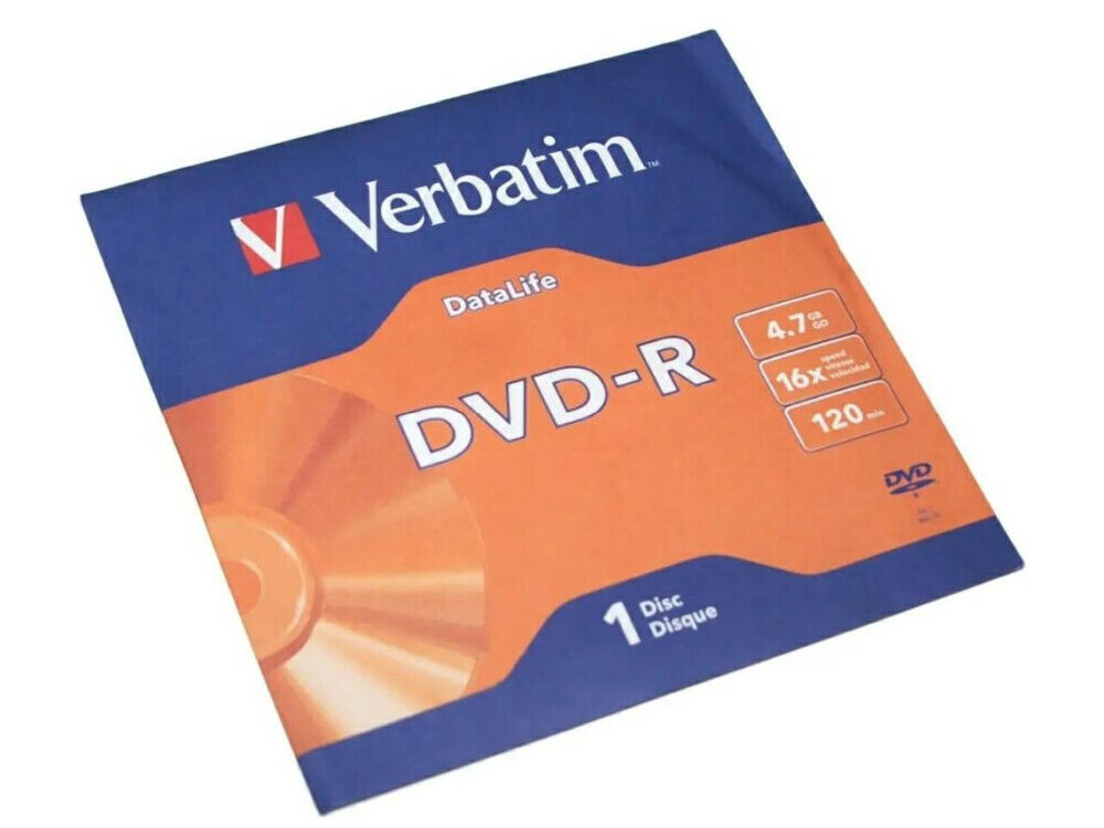 Płyta VERBATIM DataLife DVD-R, 4.7 GB, 16x, (1 szt.)
                płyta na białym tle