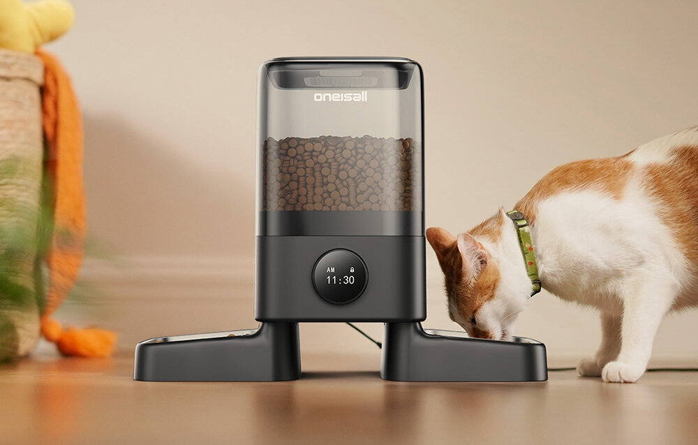 Dozownik karmy automatyczny ONEISALL PF09 wygląd design prezentacja wizualizacja Automatyczne karmienie kotów