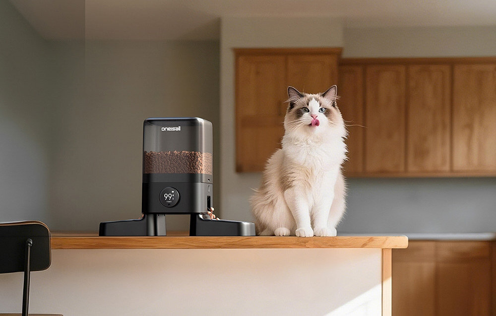 Dozownik karmy automatyczny ONEISALL PF10 wygląd design prezentacja wizualizacja Dozownik dla dwóch pupili