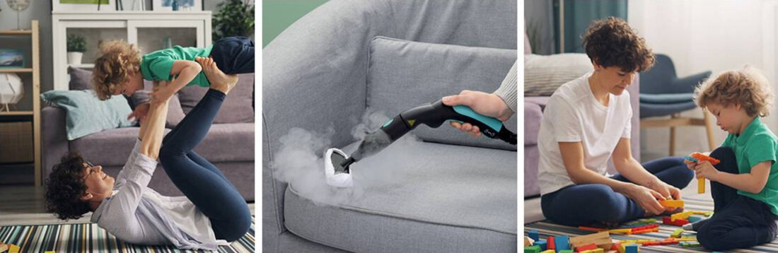 Parownica ARIETE 4147/BL XSteam No Stop zdjęcie lifestyle Jedno urządzenie funkcje ręcznego czyścika i mopa parowego czyścić podłogi, dywany, szyby, tkaniny, piekarnik, grill czy armaturę  Regulacja siły pary