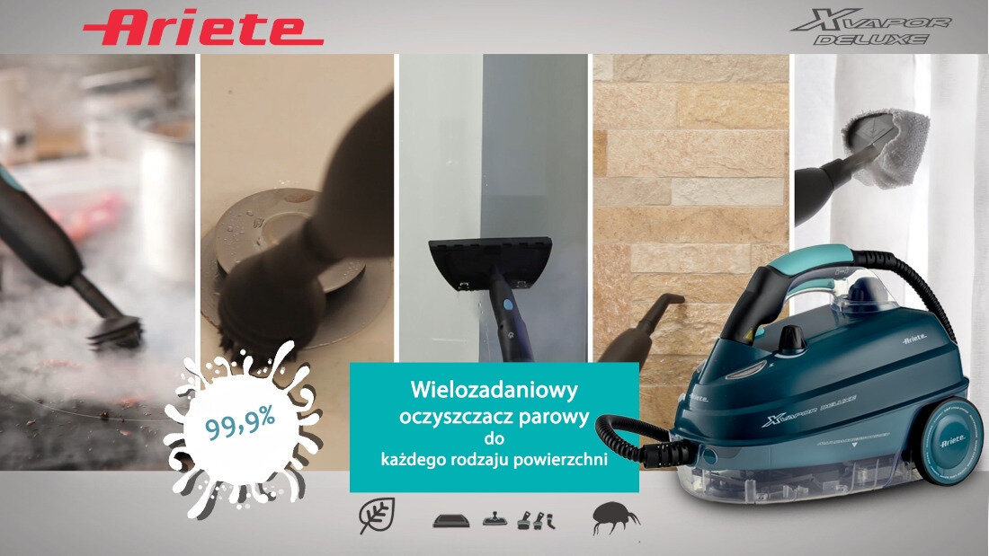 Parownica ARIETE 4146/05 Xvapor Deluxe wygląd design tło wizualizacja Higieniczne sprzątanie