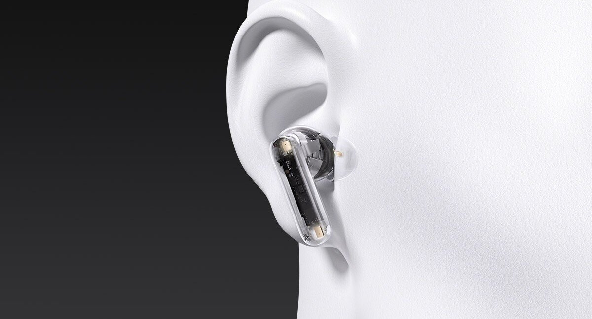 OPPO Enco X3s ANC AI mikrofony czyste połączenia konferencje, Włożona do ucha przezroczysta słuchawka z widocznym umiejscowieniem mikrofonów