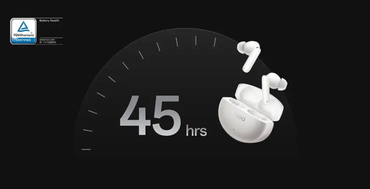 OPPO Enco X3s ANC 45 godzin odtwarzania długotrwałe słuchanie, Białe słuchawki Enco X3s na tle tarczy zegara i dużej cyfry 45