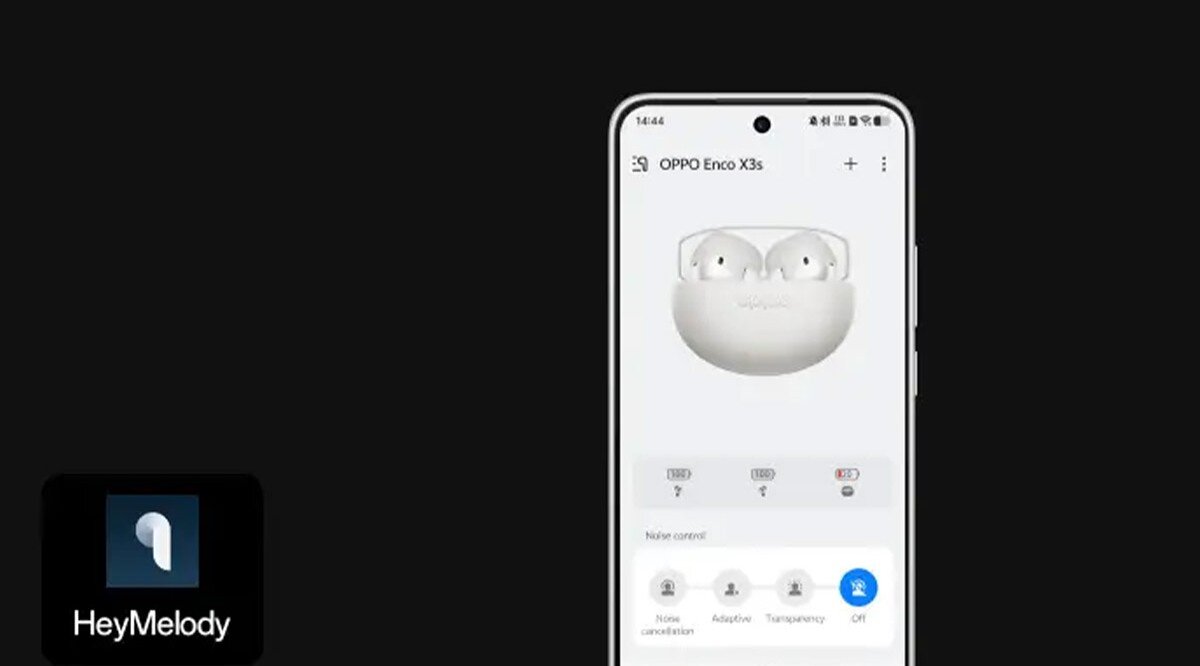 OPPO Enco X3s ANC aplikacja HeyMelody ustawienia dotykowe stan baterii, Smartfon OPPO z aplikacją HeyMelody na ekranie