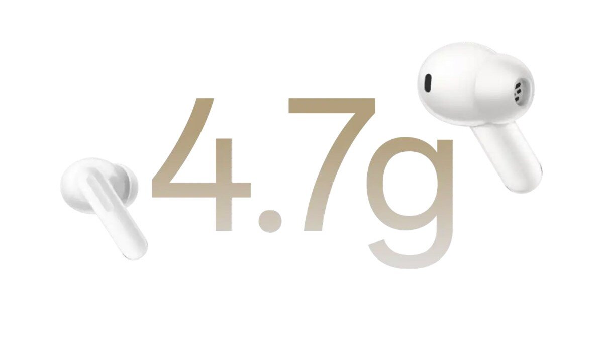 OPPO Enco X3s ANC ultralekka waga 4,7 g ergonomiczne dopasowanie, Duży złoty napis 4,7 g, a po jego bokach słuchawki OPPO Enco X3s