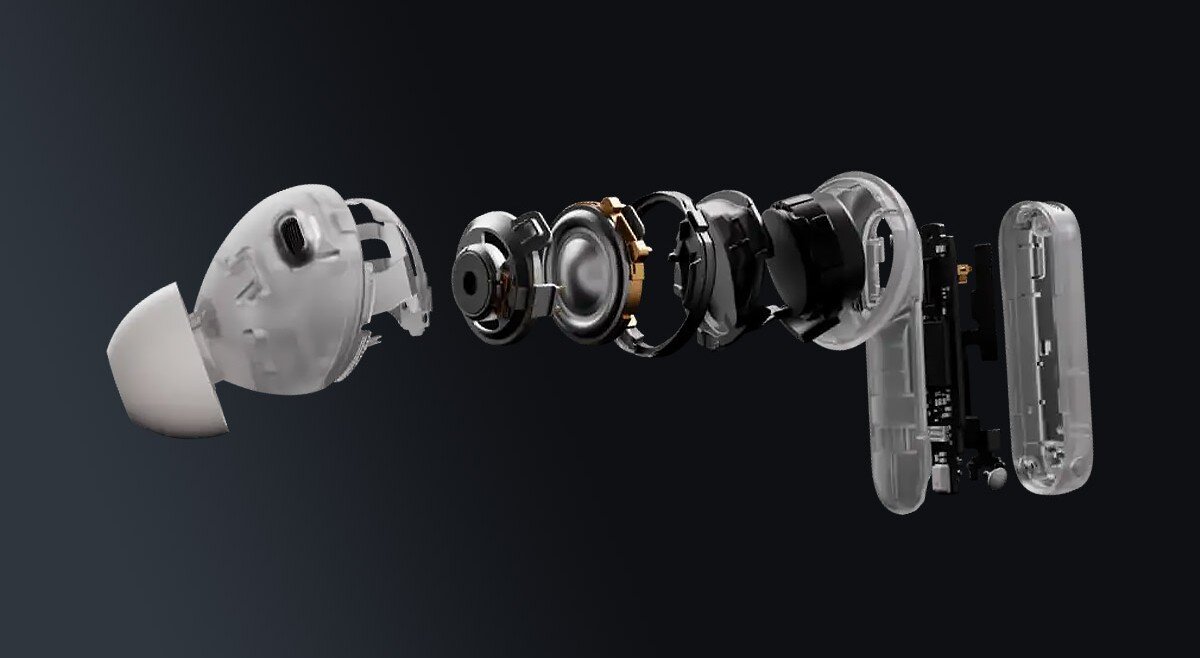 OPPO Enco X3s ANC podwójne przetworniki dynamiczne czysty bas i wysokie tony, Słuchawka rozłożona na komponenty - widoczne wszystkie części urządzenia