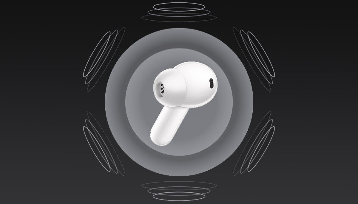 OPPO Enco X3s ANC immersyjny dźwięk scena 360 stopni, Biała słuchawka otoczona kręgami z falami dźwiękowymi
				
				