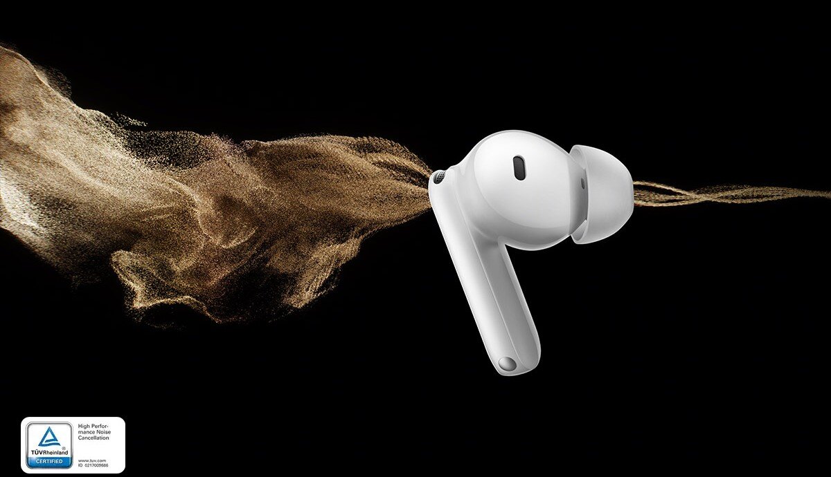 OPPO Enco X3s ANC aktywna redukcja szumów 55 dB izolacja hałasu, Słuchawka na tle strumienia złotych cząsteczek, logo certyfikatu TÜV Rheinland Certified dla wysokowydajnej redukcji szumów
				
				
				
				