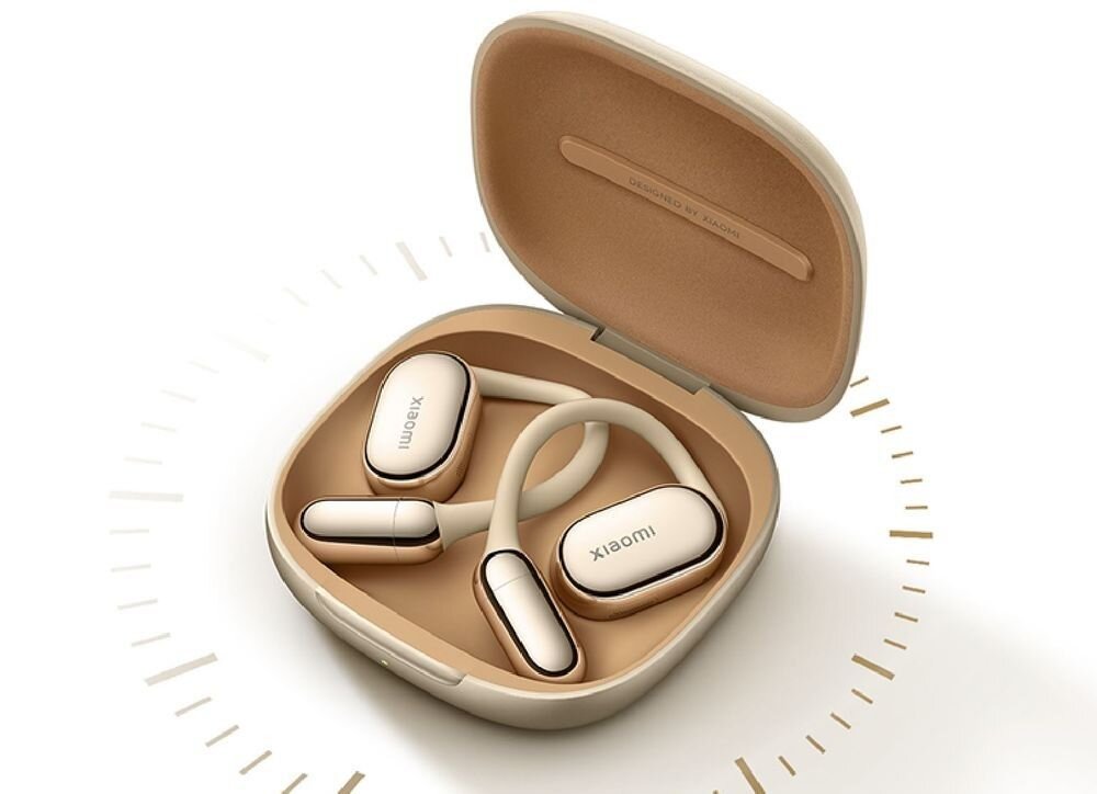 XIAOMI Openwear Stereo Pro bateria szybkie ładowanie czas pracy, słuchawki z etui ładującym po skosie na jasnym tle