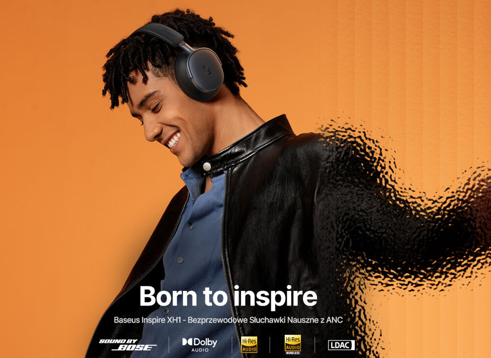 Słuchawki nauszne BASEUS XH1 ANC Biały osoba w czarnych słuchawkach napis Born to inspire Baseus Inspire XH1 - Bezprzewodowe słuchawki nauszne z ANC