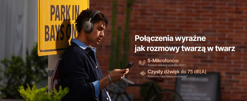 Słuchawki nauszne BASEUS XH1 ANC Biały system 5 mikrofonów czysty dźwięk do 75 dB(A) redukcja szumów - osoba w słuchawkach z telefonem napis Połączenia widoczne jak rozmowy twarzą w twarz 5 mikrofonów system redukcji szumów (ENC) czysty dźwięk do 75 dB(A) rozmowy bez hałasu otoczenia