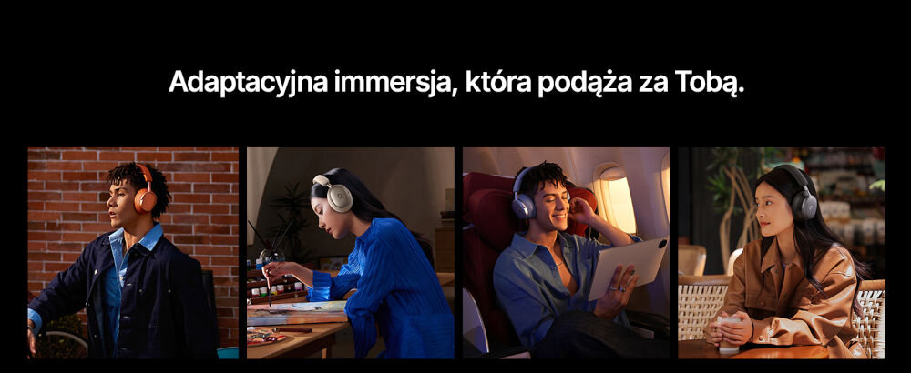 Słuchawki nauszne BASEUS XH1 ANC Biały adaptacyjna redukcja szumów anc analizowanie otoczenia - napis adaptacyjna immercja, która podąża za tobą poniżej osoby w różnych wersjach kolorystycznych słuchawek