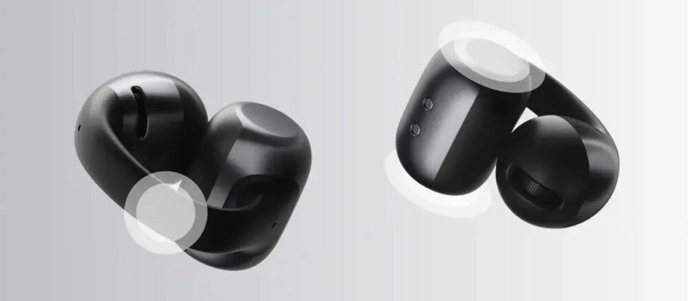 SHOKZ OpenDots One sterowanie dotykowe gesty odtwarzanie połączenia regulacja głośności, słuchawki na szarym tle