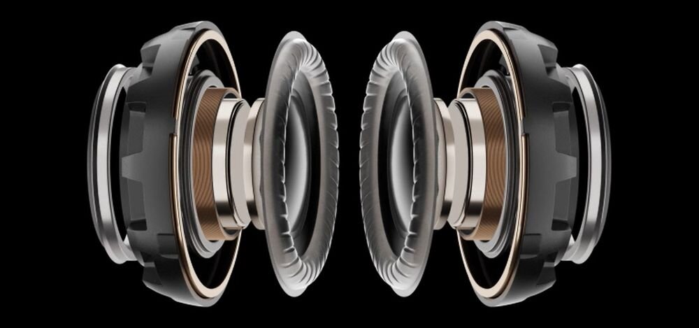 SHOKZ OpenDots One Bassphere OpenBass 2.0 mocny bas kompaktowe, membrany na czarnym tle