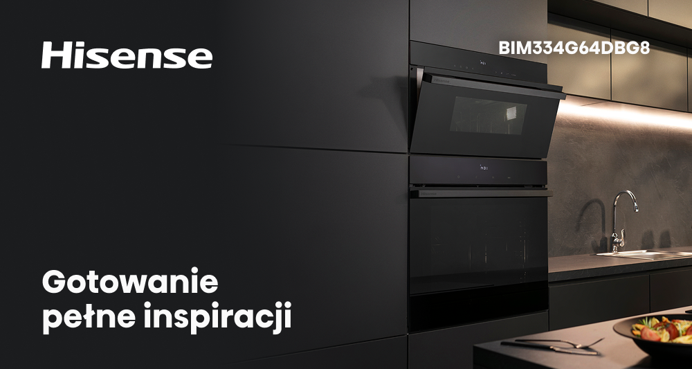 KUCHNIA MIKROFALOWA HISENSE BIM334G64DBG8 Grafika promocyjna z logotypem Hisense, hasłem „Gotowanie pełne inspiracji” i oznaczeniem modelu BIM334G64DBG8 przedstawia elegancką zabudowę piekarnika i mikrofali w kuchni