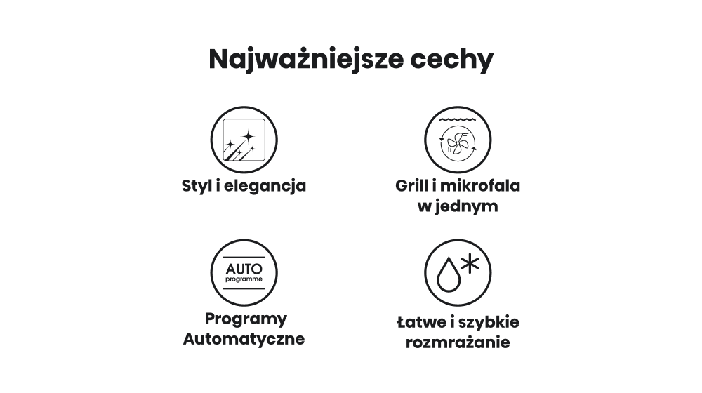 KUCHNIA MIKROFALOWA HISENSE BIM334G64DBG8 Grafika prezentuje cztery ikony z podpisami: styl i elegancja, grill i mikrofala w jednym, programy automatyczne oraz łatwe i szybkie rozmrażanie jako kluczowe cechy urządzenia