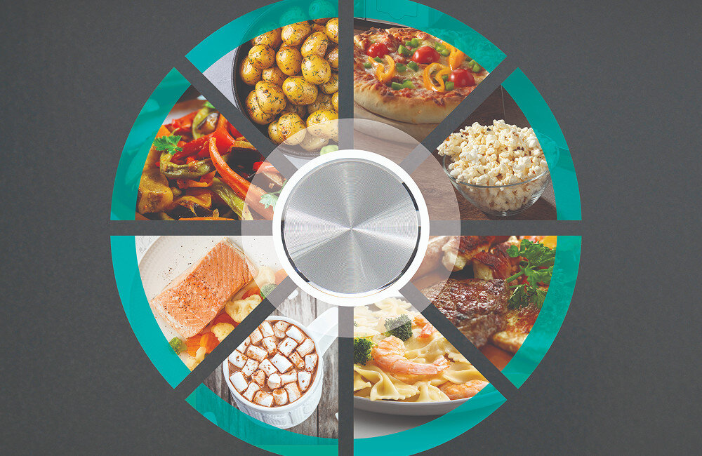 KUCHNIA MIKROFALOWA HISENSE BIM334G64DBG8 Okrągła kompozycja z pokrętłem pośrodku i zdjęciami różnych potraw w segmentach symbolizuje bogaty wybór automatycznych programów gotowania i podgrzewania Programy automatyczne funkcje programowane popcorn nuggetsy pizza makaron dobór mocy i czasu podgrzewanie talerzy