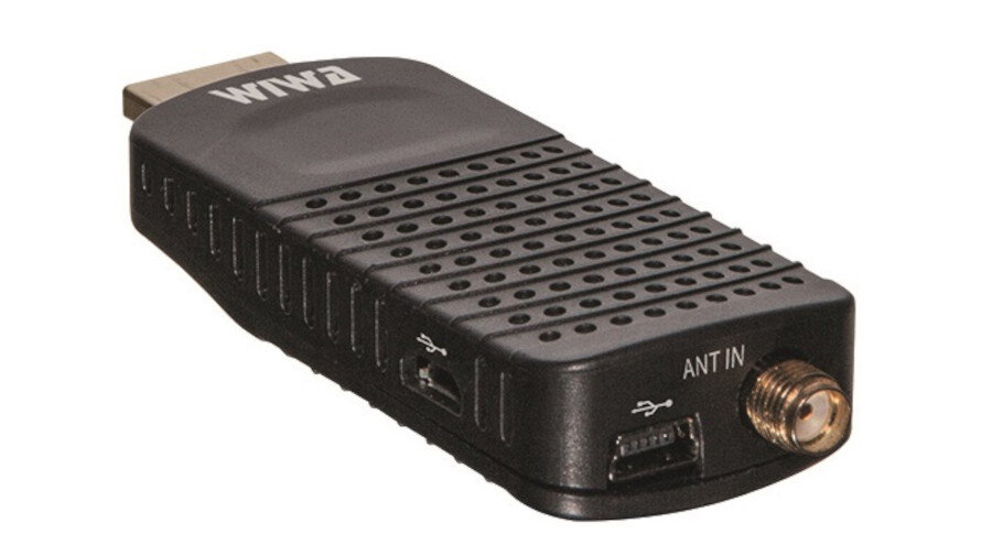 Czarny dekoder z logo \'WIWA\' na górze, posiada złącza USB i ANT IN oraz perforowaną powierzchnię.
